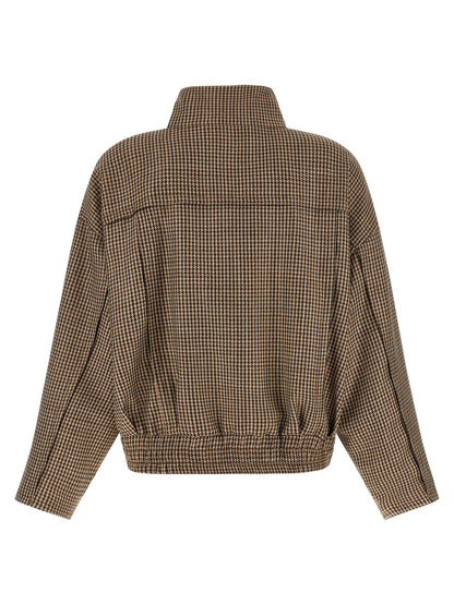 Jacket by Brunello Cucinelli for women in silk virgin wool polyamide leather brown, patterned & signature presents a impeccable silhouette, showcasing distinct pockets and a impeccable high-neck neckline for a sophisticated finish.
