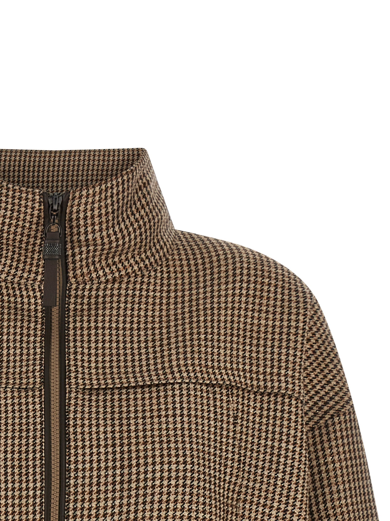 Jacket by Brunello Cucinelli for women in silk virgin wool polyamide leather brown, patterned & signature features an utilitarian silhouette with a refined high-neck neckline, showcasing sophisticated pockets for an utilitarian aesthetic.