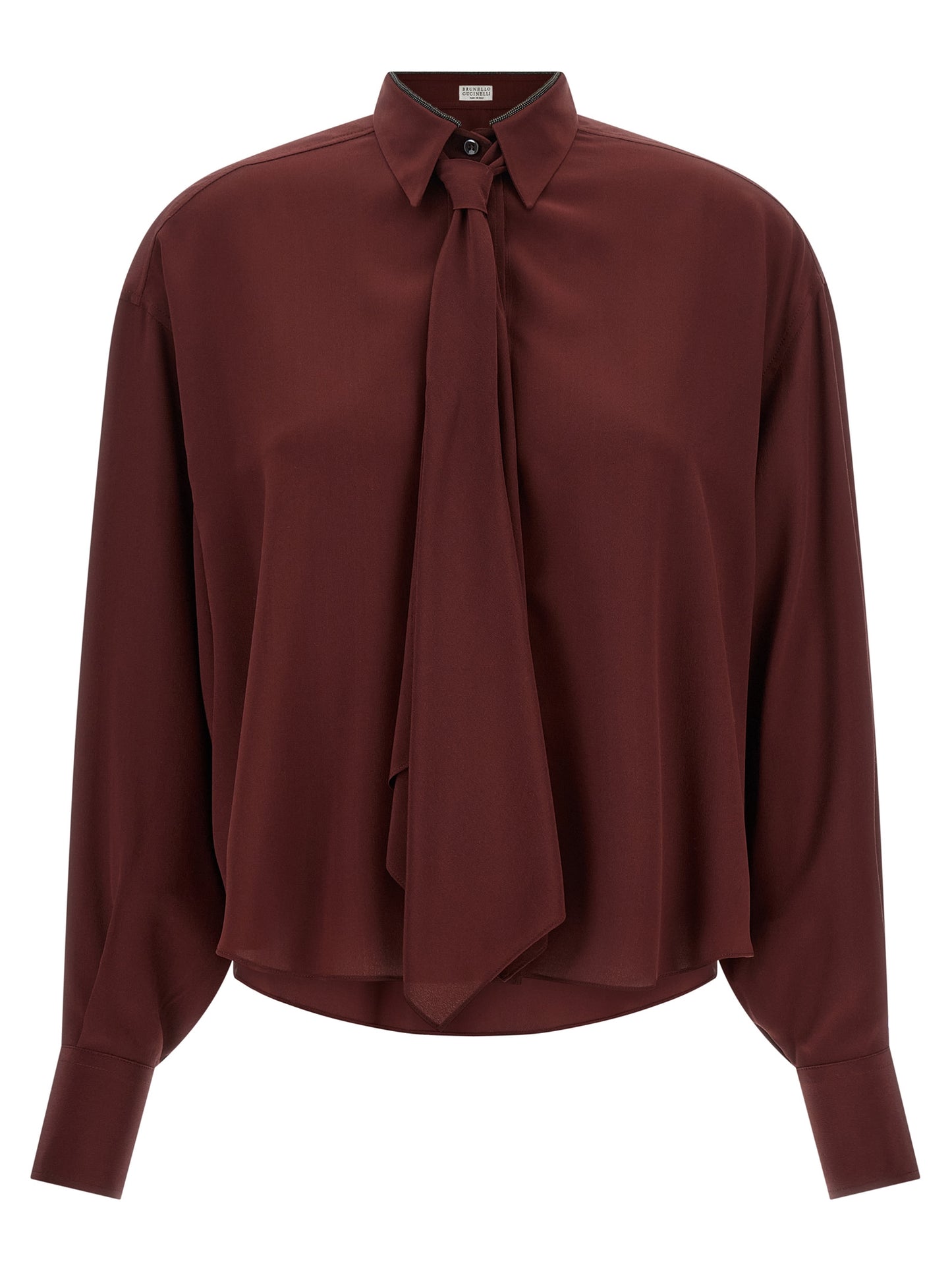 Blouse by Brunello Cucinelli for women in silk bordeaux showcases a sleek silhouette, elegantly detailed with a sleek asymmetric neckline and for a sleek finish.