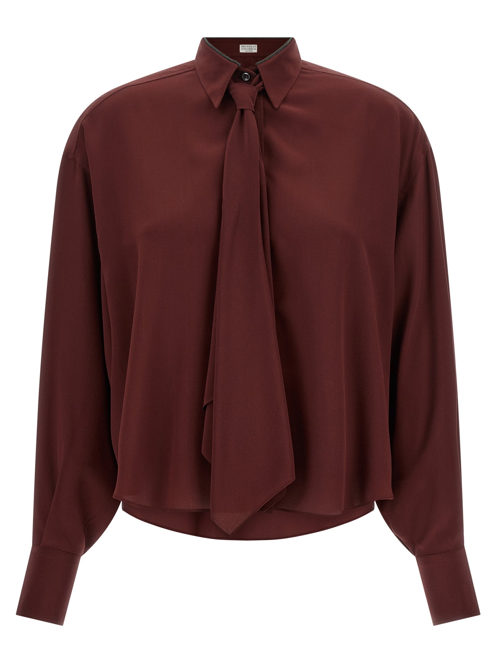 Blouse by Brunello Cucinelli for women in silk bordeaux showcases a sleek silhouette, elegantly detailed with a sleek asymmetric neckline and for a sleek finish.