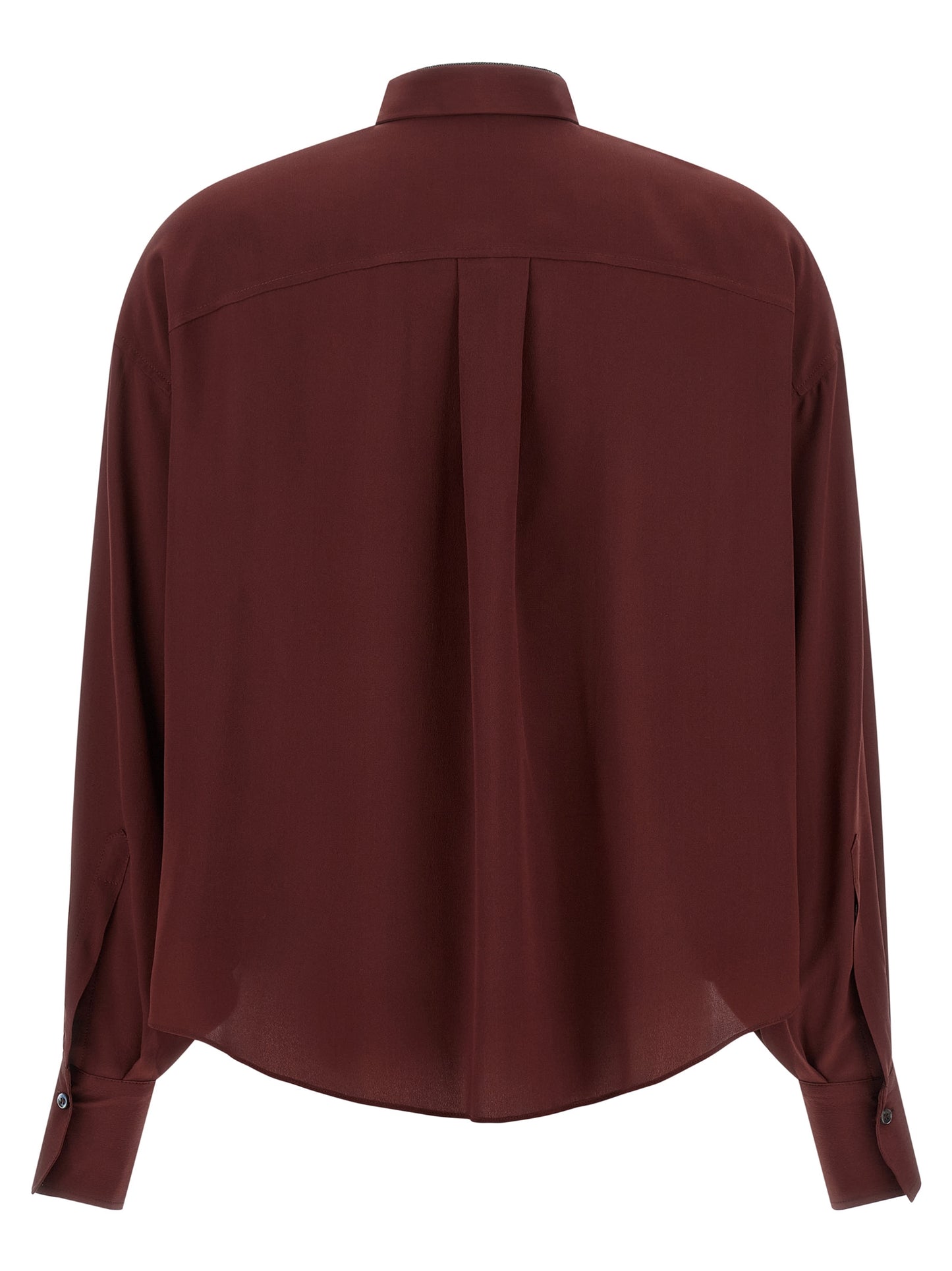 Blouse by Brunello Cucinelli for women in silk bordeaux, featuring a nuanced and nuanced asymmetric neckline for a sophisticated finish.