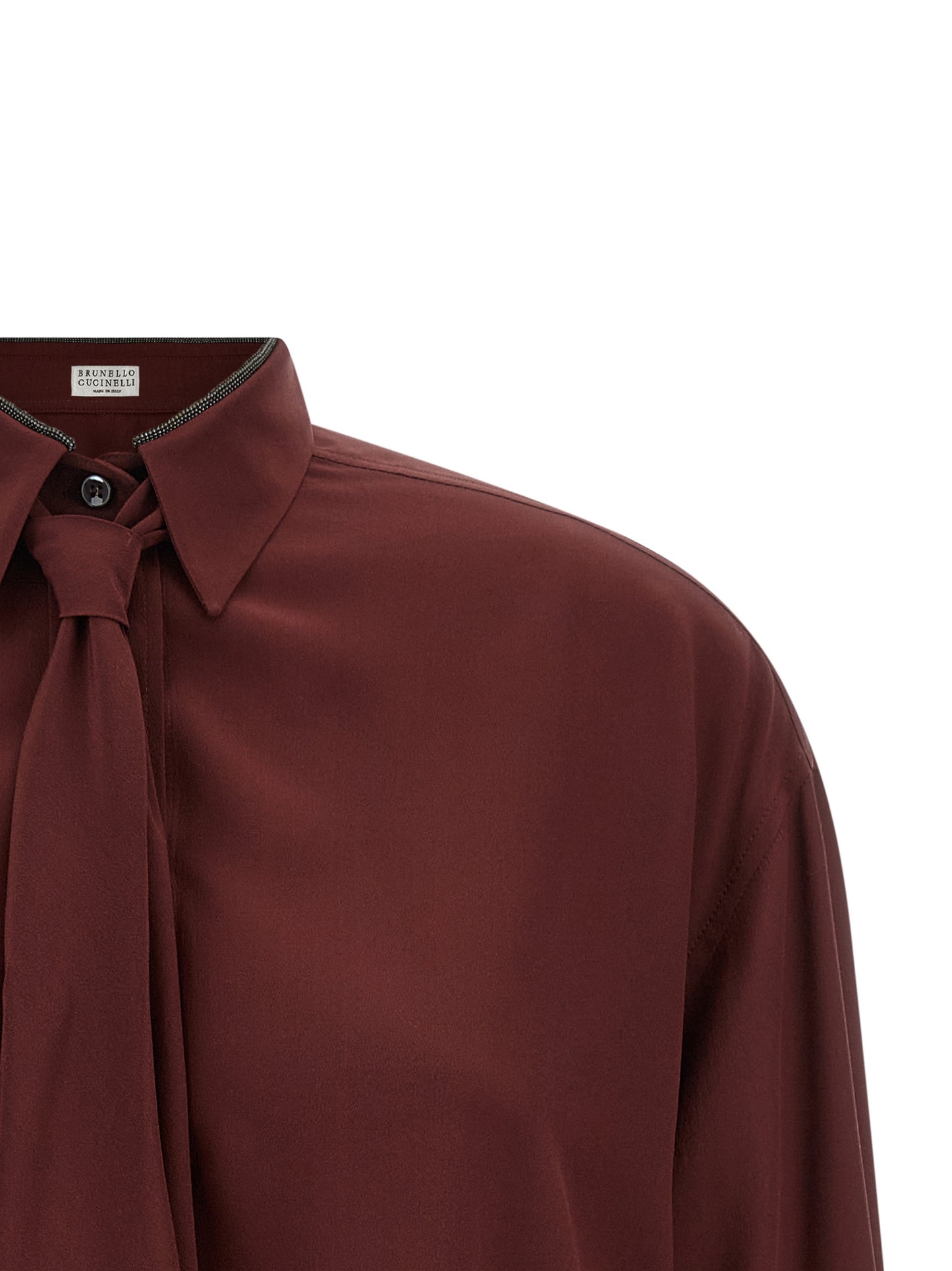 Blouse by Brunello Cucinelli for women in silk bordeaux features an polished silhouette, showcasing a sophisticated asymmetric neckline and detail for a truly polished finish.