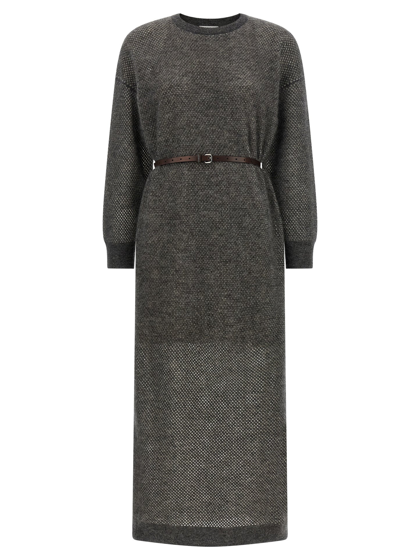 Dress by Brunello Cucinelli for women in mohair wool polyamide leather & mesh gray presents a sinuous silhouette, showcasing a sophisticated crew neckline and long-sleeve detailed with a sinuous midi for a refined finish.