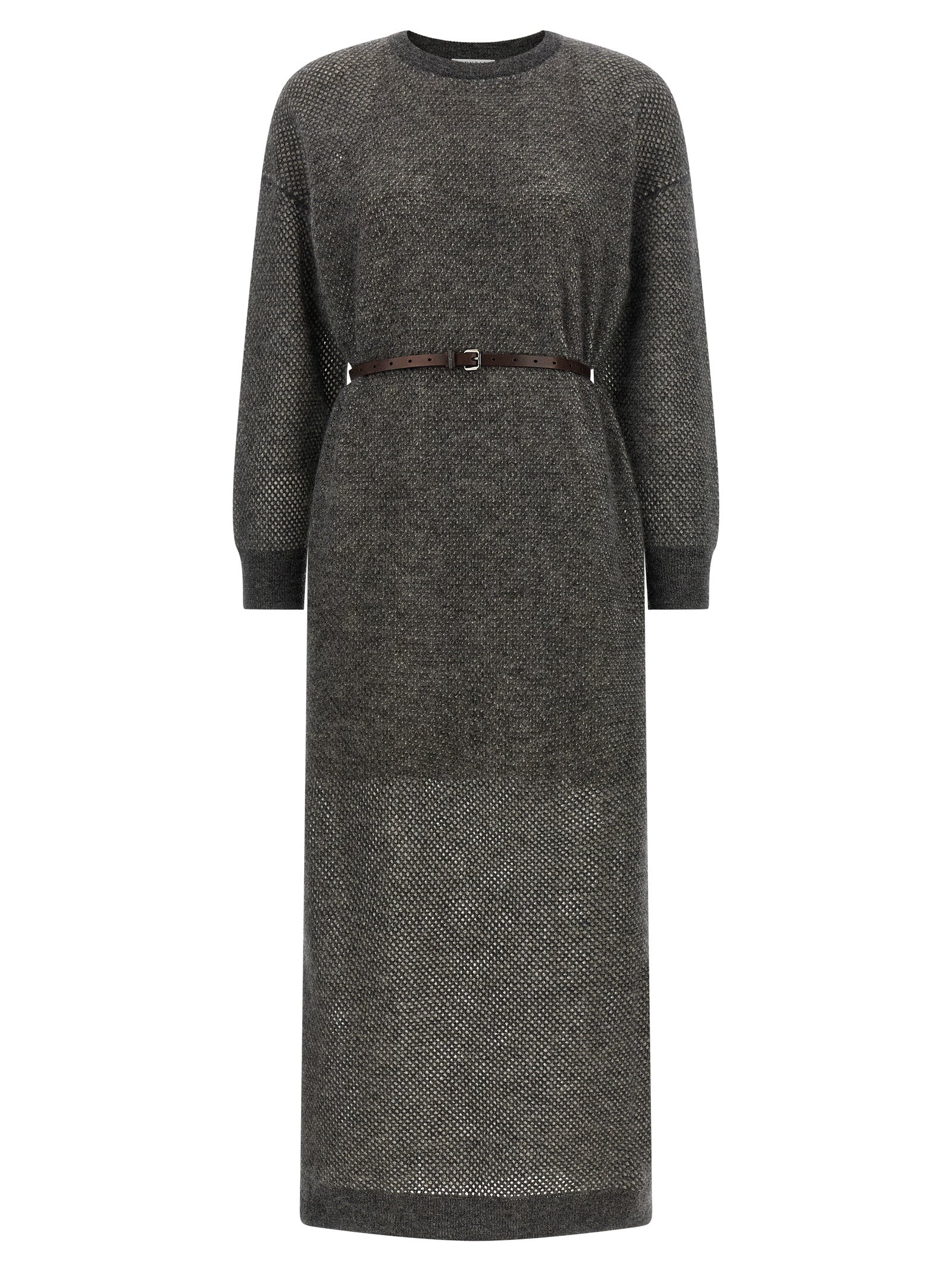 Dress by Brunello Cucinelli for women in mohair wool polyamide leather & mesh gray presents a sinuous silhouette, showcasing a sophisticated crew neckline and long-sleeve detailed with a sinuous midi for a refined finish.