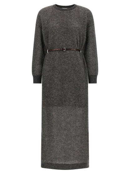 Dress by Brunello Cucinelli for women in mohair wool polyamide leather & mesh gray presents a sinuous silhouette, showcasing a sophisticated crew neckline and long-sleeve detailed with a sinuous midi for a refined finish.