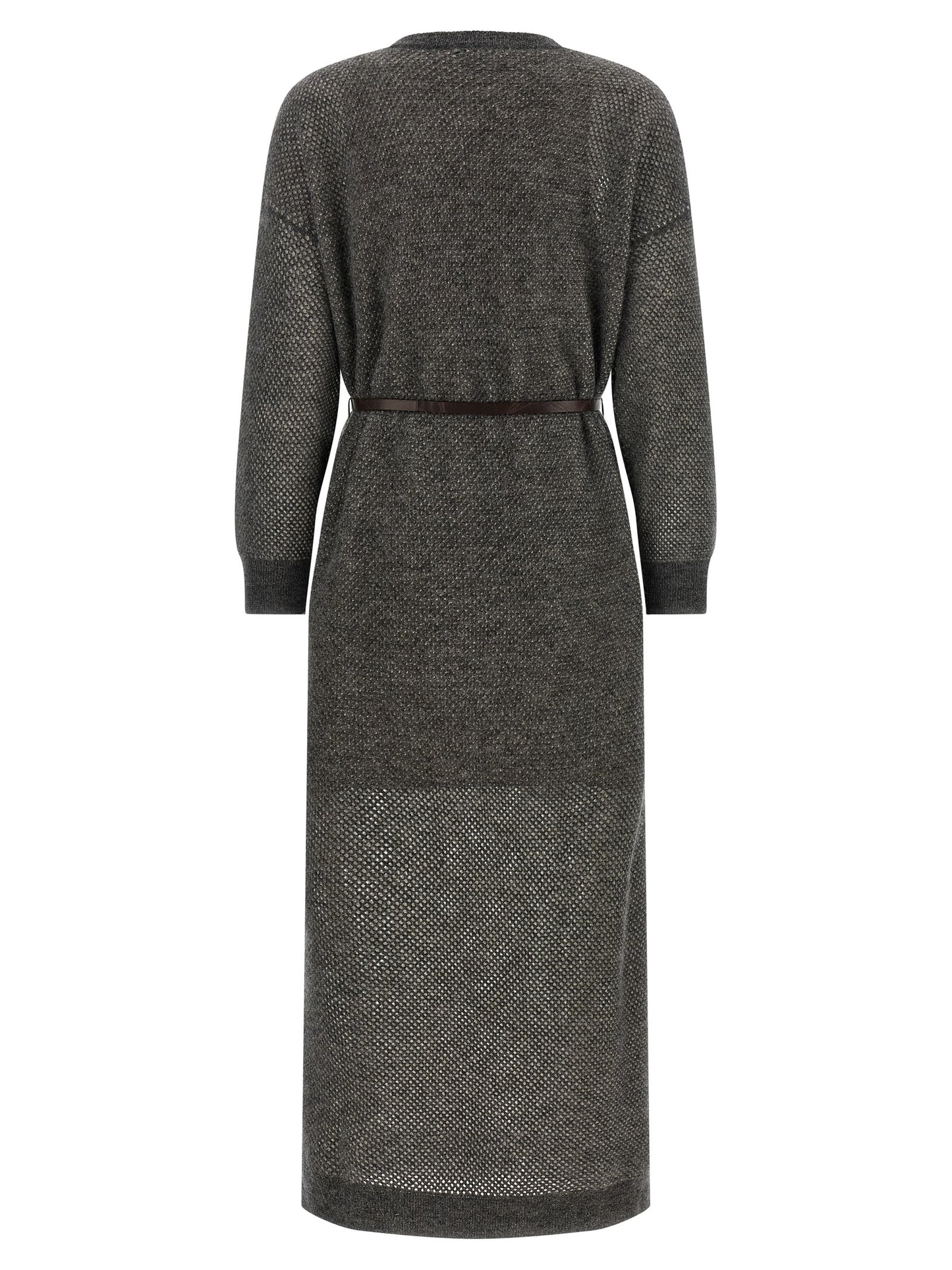 Dress by Brunello Cucinelli for women in mohair wool polyamide leather & mesh gray showcases a striking silhouette, elegantly detailed with a , refined crew neckline, and a striking midi for a striking finish.