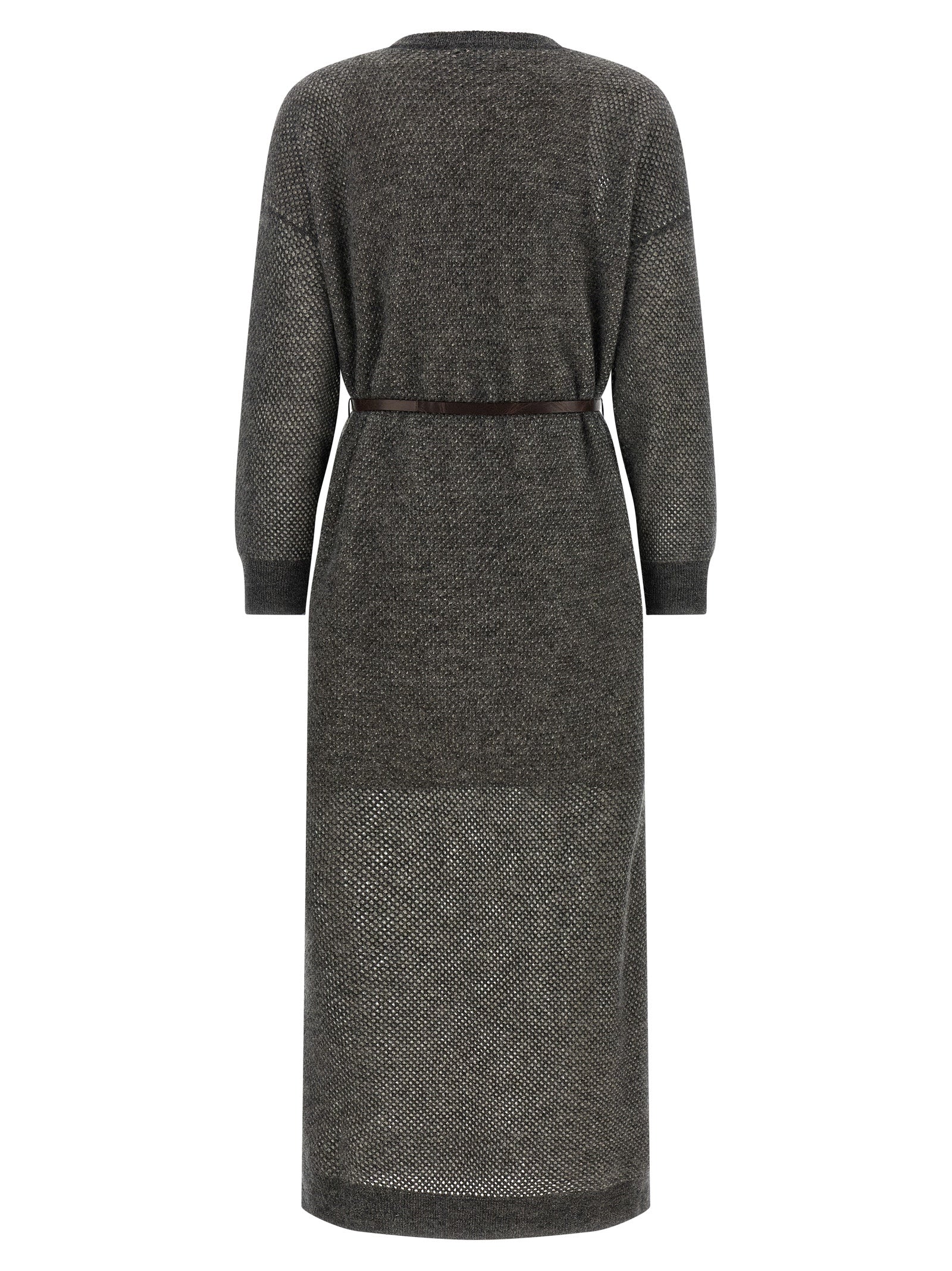 Dress by Brunello Cucinelli for women in mohair wool polyamide leather & mesh gray showcases a striking silhouette, elegantly detailed with a , refined crew neckline, and a striking midi for a striking finish.