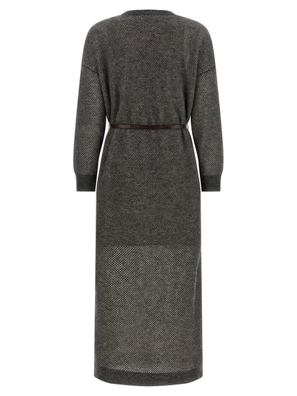 Dress by Brunello Cucinelli for women in mohair wool polyamide leather & mesh gray showcases a striking silhouette, elegantly detailed with a , refined crew neckline, and a striking midi for a striking finish.