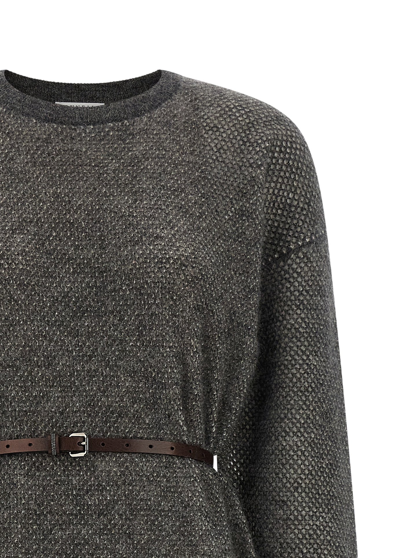 Dress by Brunello Cucinelli for women in mohair wool polyamide leather & mesh gray features a dramatic silhouette, showcasing an elegant crew neckline and that flows into a dramatic midi.