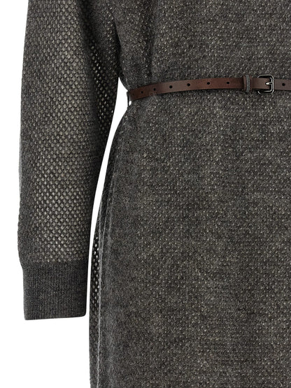 Dress by Brunello Cucinelli for women in mohair wool polyamide leather & mesh gray features an cute silhouette, detailed with a and that elegantly flows into a cute midi.