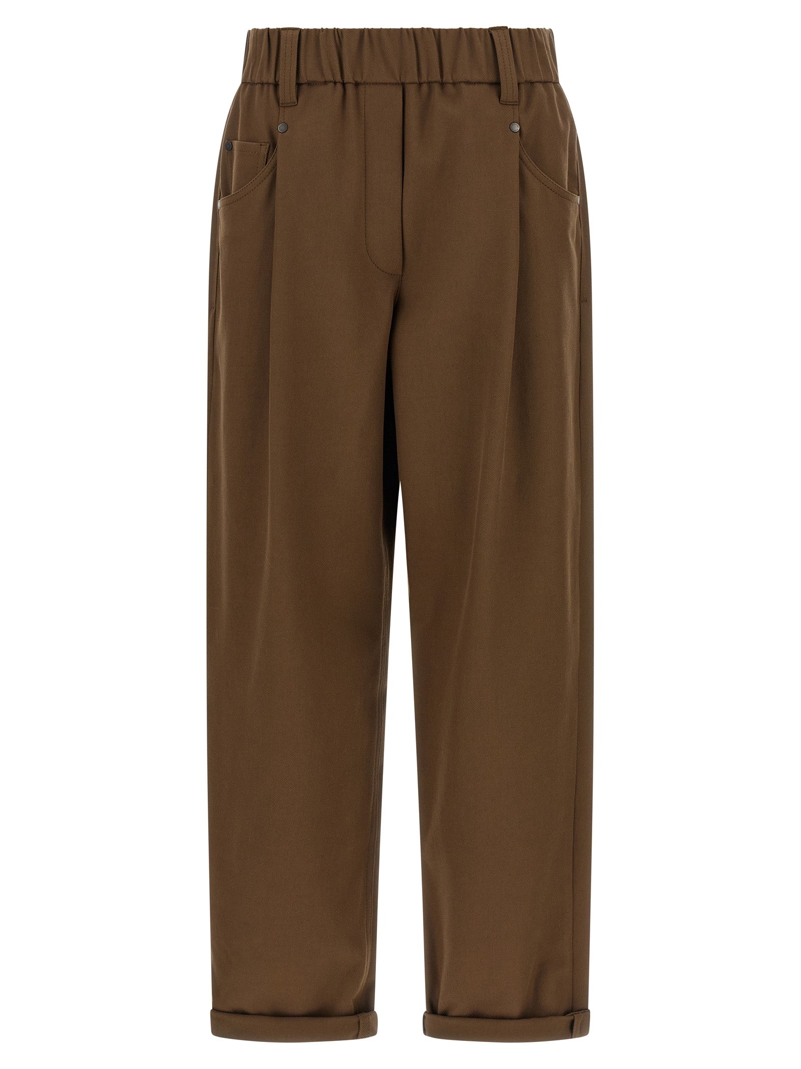 Trousers by Brunello Cucinelli for women in stretch cotton brown presents a perennial silhouette, meticulously tailored with a tapered-leg, relaxed-fit & wide cut, long finish, and an elegant mid rise.