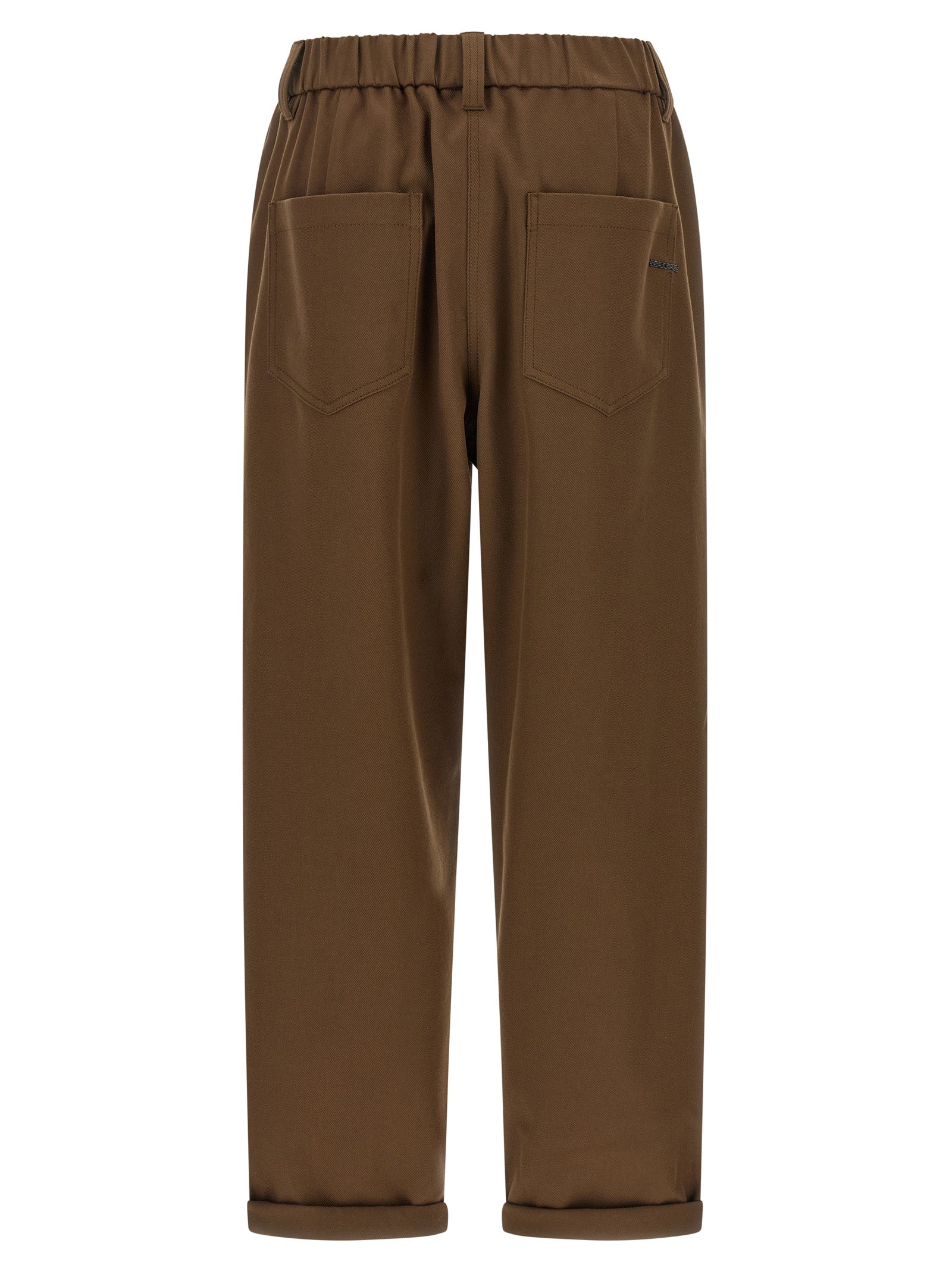 Trousers by Brunello Cucinelli for women in stretch cotton brown features a artisanal silhouette, showcasing a sophisticated tapered-leg, relaxed-fit & wide with a long and mid rise for a artisanal finish.