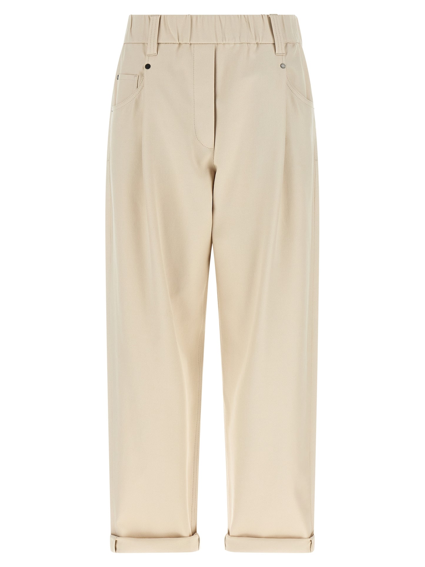 Trousers by Brunello Cucinelli for women in stretch cotton beige features a tailored silhouette with a tailored tapered-leg & wide, defined by its long and a sophisticated mid rise.