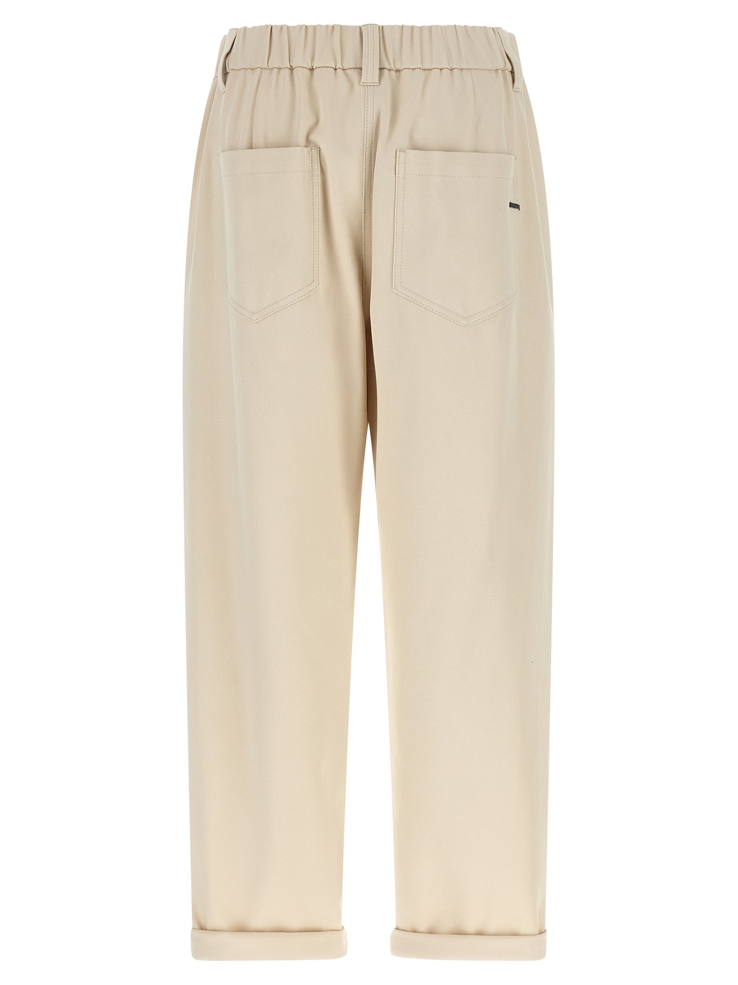 Trousers by Brunello Cucinelli for women in stretch cotton beige features an on trend silhouette, showcasing a sophisticated tapered-leg & wide with a long and mid rise for an on trend finish.