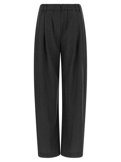 Trousers by Brunello Cucinelli for women in virgin wool gray & signature features a sculptural silhouette, showcasing a sculptural tapered-leg & wide and long with a sophisticated for a sculptural finish.