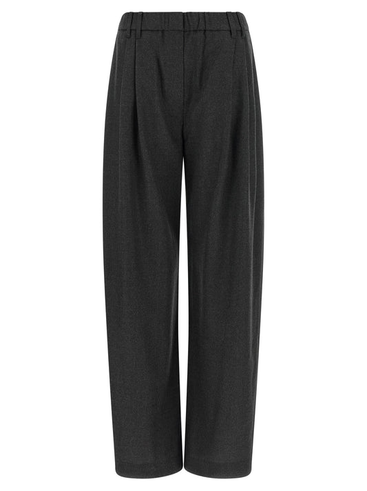 Trousers by Brunello Cucinelli for women in virgin wool gray & signature features a sculptural silhouette, showcasing a sculptural tapered-leg & wide and long with a sophisticated for a sculptural finish.