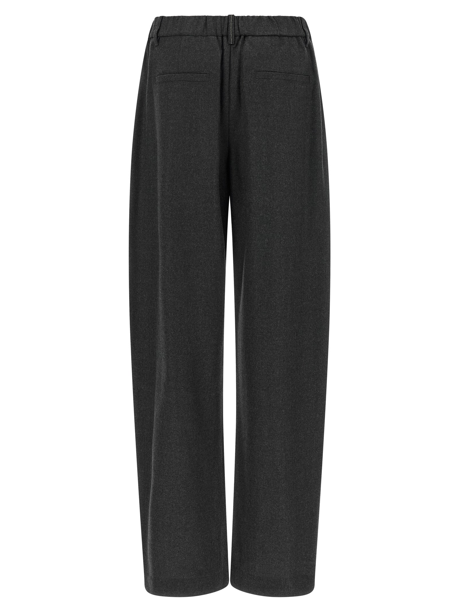 Trousers by Brunello Cucinelli for women in virgin wool gray & signature features an on trend silhouette, showcasing a sophisticated tapered-leg & wide with a long and for an on trend finish.