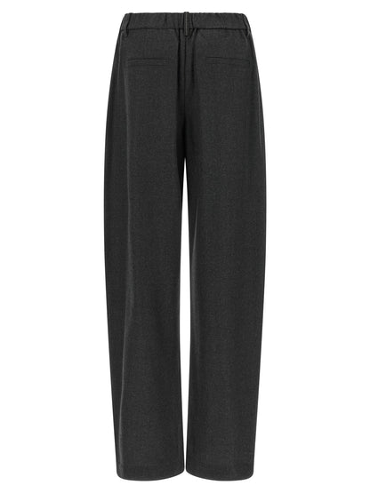Trousers by Brunello Cucinelli for women in virgin wool gray & signature features an on trend silhouette, showcasing a sophisticated tapered-leg & wide with a long and for an on trend finish.