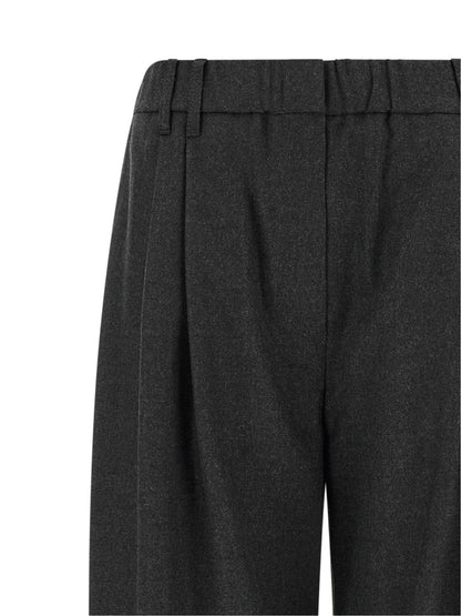 Trousers by Brunello Cucinelli for women in virgin wool gray & signature presents a smart silhouette, meticulously detailed with a smart tapered-leg & wide, a smart long, and a smart .