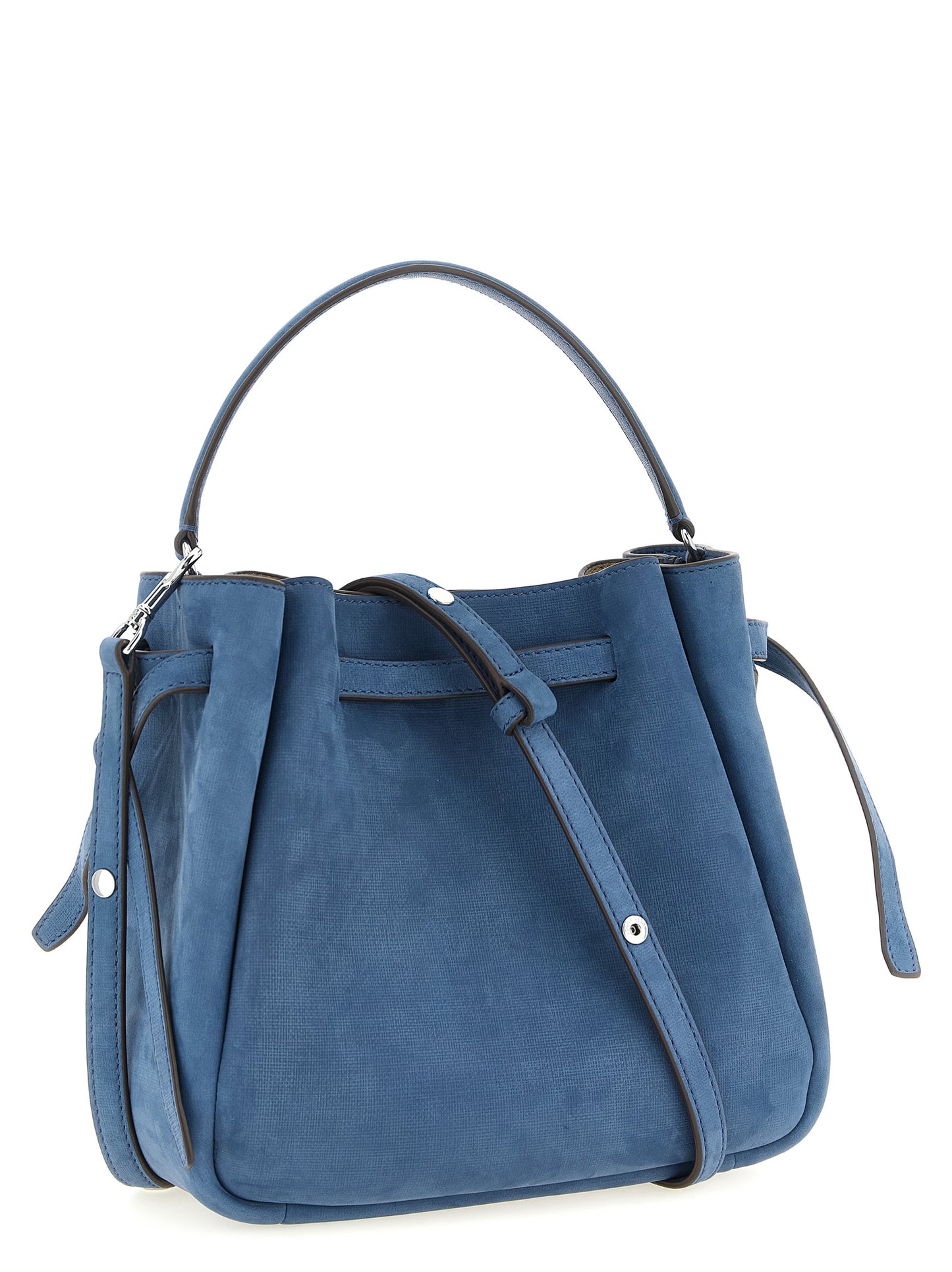 Crossbody Bucket Handbag by Tory Burch for women in nubuck & suede lamb leather blue features a contemporary silhouette, showcasing a secure snap, magnetic & button, ample , and contemporary crossbody-strap, shoulder-strap, handle, adjustable-strap & belt-strap for a sophisticated look.