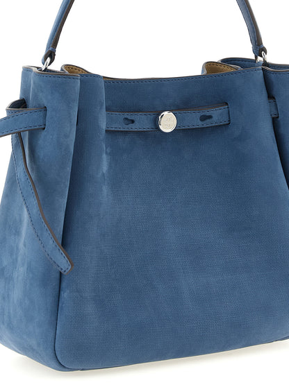 This Crossbody Bucket Handbag by Tory Burch for women in nubuck & suede lamb leather and blue presents a sculptural silhouette featuring a secure snap, magnetic & button, ample , and versatile crossbody-strap, shoulder-strap, handle, adjustable-strap & belt-strap for a sculptural finish.