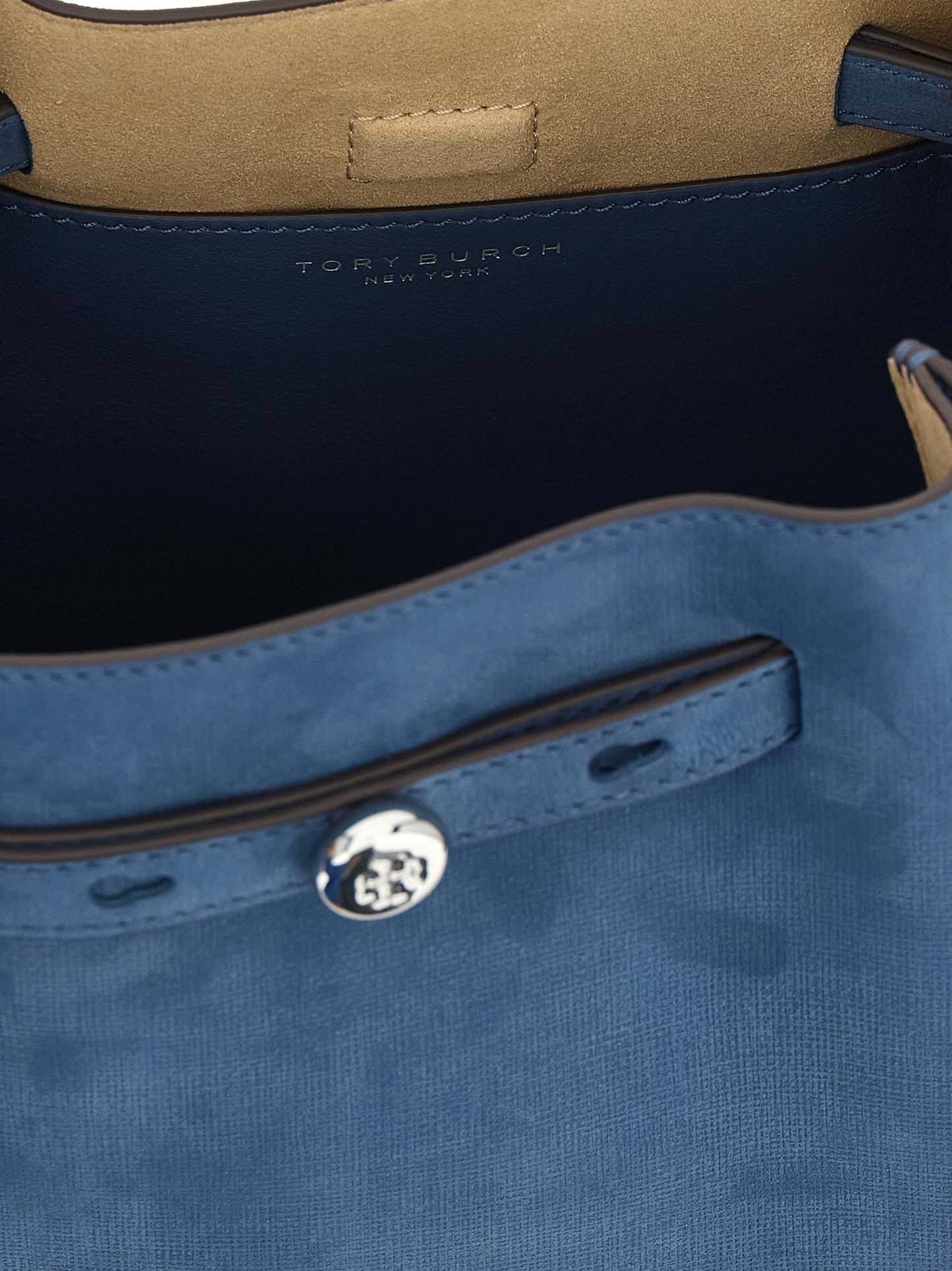 Crossbody Bucket Handbag by Tory Burch for women in nubuck & suede lamb leather blue features a exquisite silhouette, showcasing a secure snap, magnetic & button and exquisite with versatile crossbody-strap, shoulder-strap, handle, adjustable-strap & belt-strap for a exquisite finish.