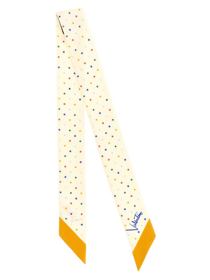 Scarf by Valentino Garavani for women in silk multicolor, signature & print features a timeless silhouette, artfully capturing the essence of the timeless Star Silk Scarf design for a sophisticated look.