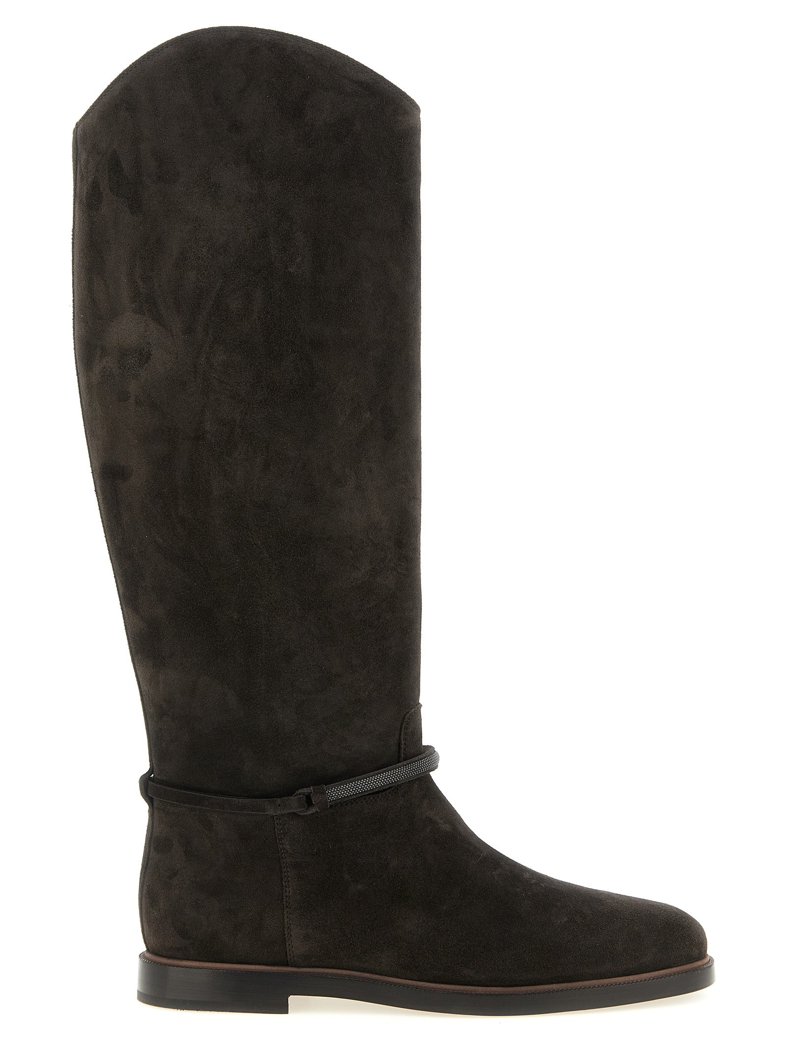 Ankle Over-The-Knee Boots by Brunello Cucinelli for women in bos taurus suede calfskin leather black showcases a impeccable silhouette as Monile Women's Bos Taurus Suede Calfskin Leather Ankle Over-The-Knee Boots, artfully defined by a impeccable and a impeccable .