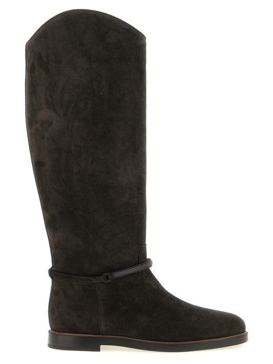 Ankle Over-The-Knee Boots by Brunello Cucinelli for women in bos taurus suede calfskin leather black showcases a impeccable silhouette as Monile Women's Bos Taurus Suede Calfskin Leather Ankle Over-The-Knee Boots, artfully defined by a impeccable and a impeccable .