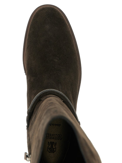 Ankle Over-The-Knee Boots by Brunello Cucinelli for women in bos taurus suede calfskin leather black features an avant-garde Monile Women's Bos Taurus Suede Calfskin Leather Ankle Over-The-Knee Boots silhouette, defined by a sophisticated and a avant-garde .