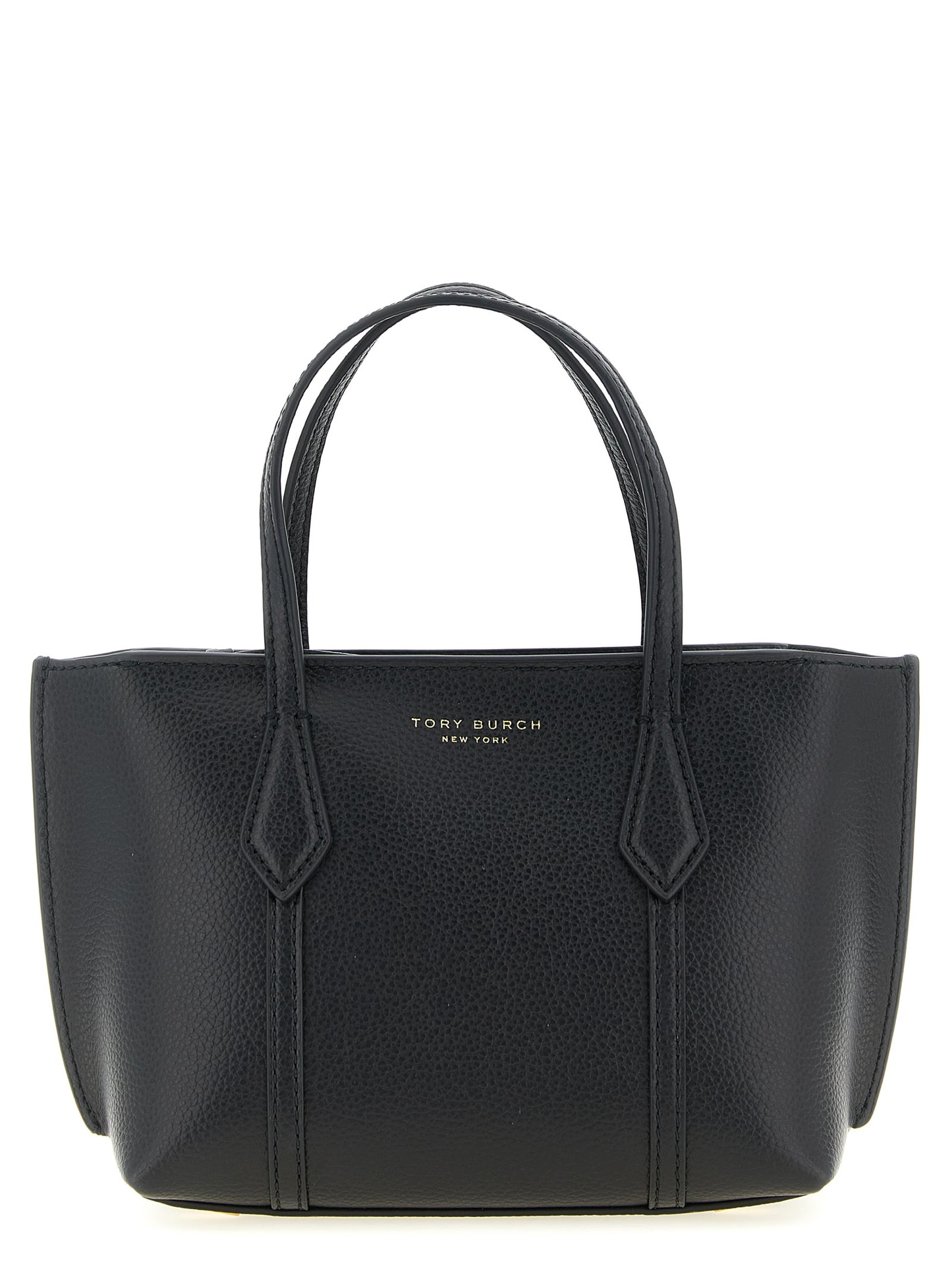 Mini Crossbody Tote Handbag by Tory Burch for women in leather & metal black & gold features a refined silhouette, showcasing a secure zipper, organized , and versatile crossbody-strap, shoulder-strap, handle & adjustable-strap for a refined finish.