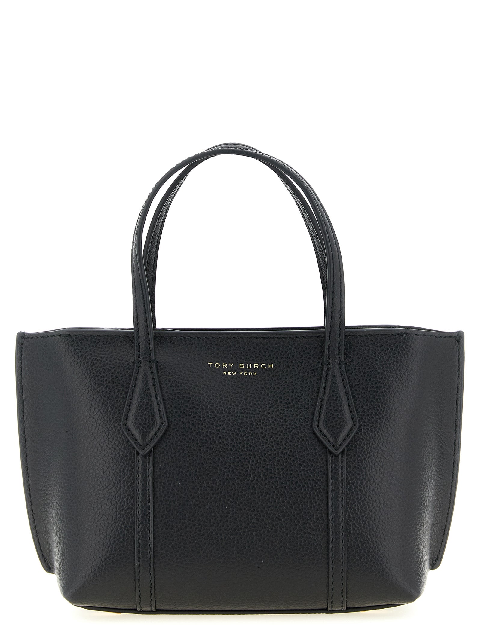 Mini Crossbody Tote Handbag by Tory Burch for women in leather & metal black & gold features a refined silhouette, showcasing a secure zipper, organized , and versatile crossbody-strap, shoulder-strap, handle & adjustable-strap for a refined finish.