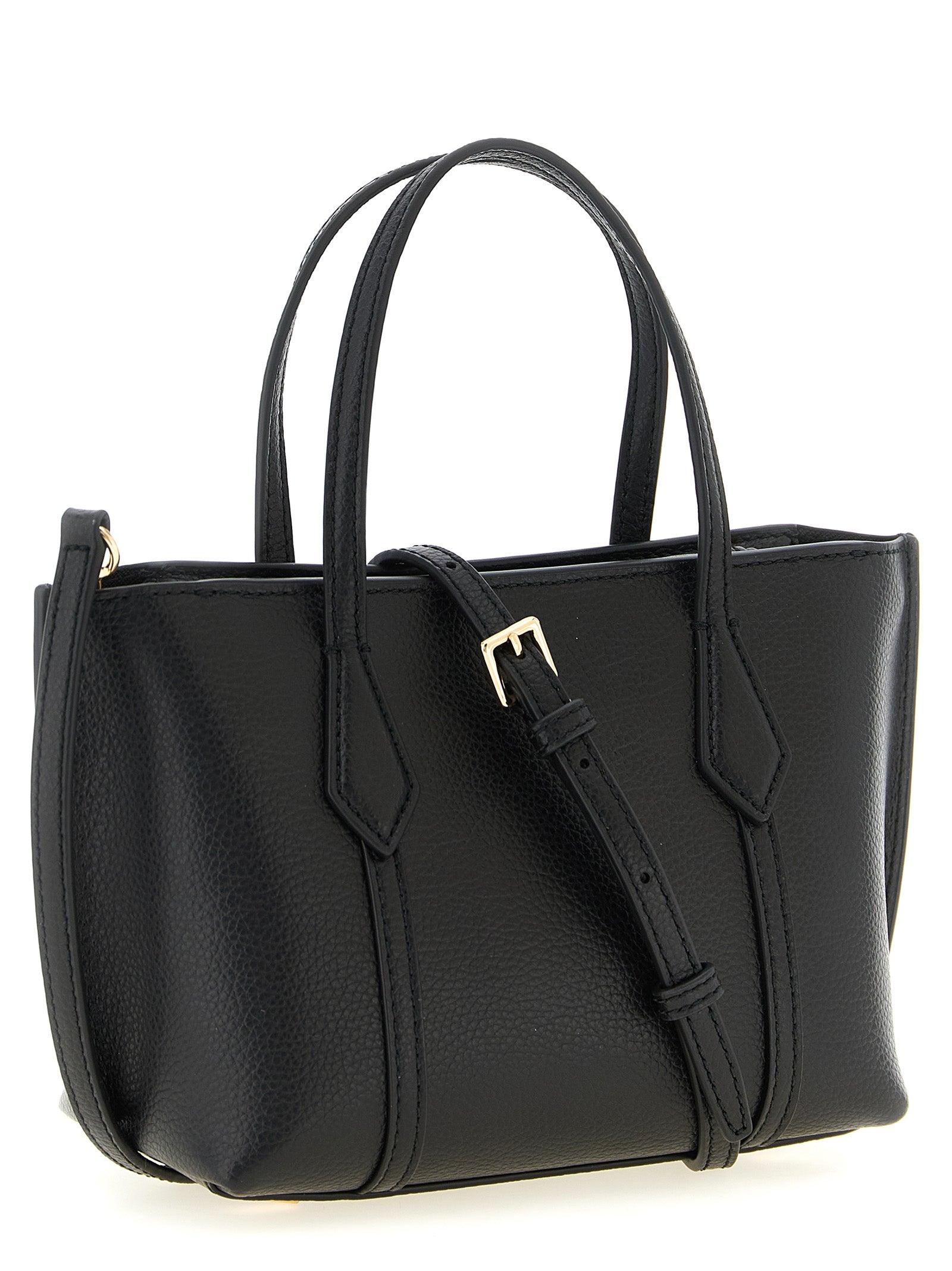 Mini Crossbody Tote Handbag by Tory Burch for women in leather & metal black & gold presents a ornamental silhouette, showcasing a secure zipper, ample , and versatile crossbody-strap, shoulder-strap, handle & adjustable-strap for a ornamental finish.