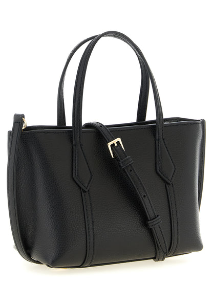 Mini Crossbody Tote Handbag by Tory Burch for women in leather & metal black & gold presents a ornamental silhouette, showcasing a secure zipper, ample , and versatile crossbody-strap, shoulder-strap, handle & adjustable-strap for a ornamental finish.