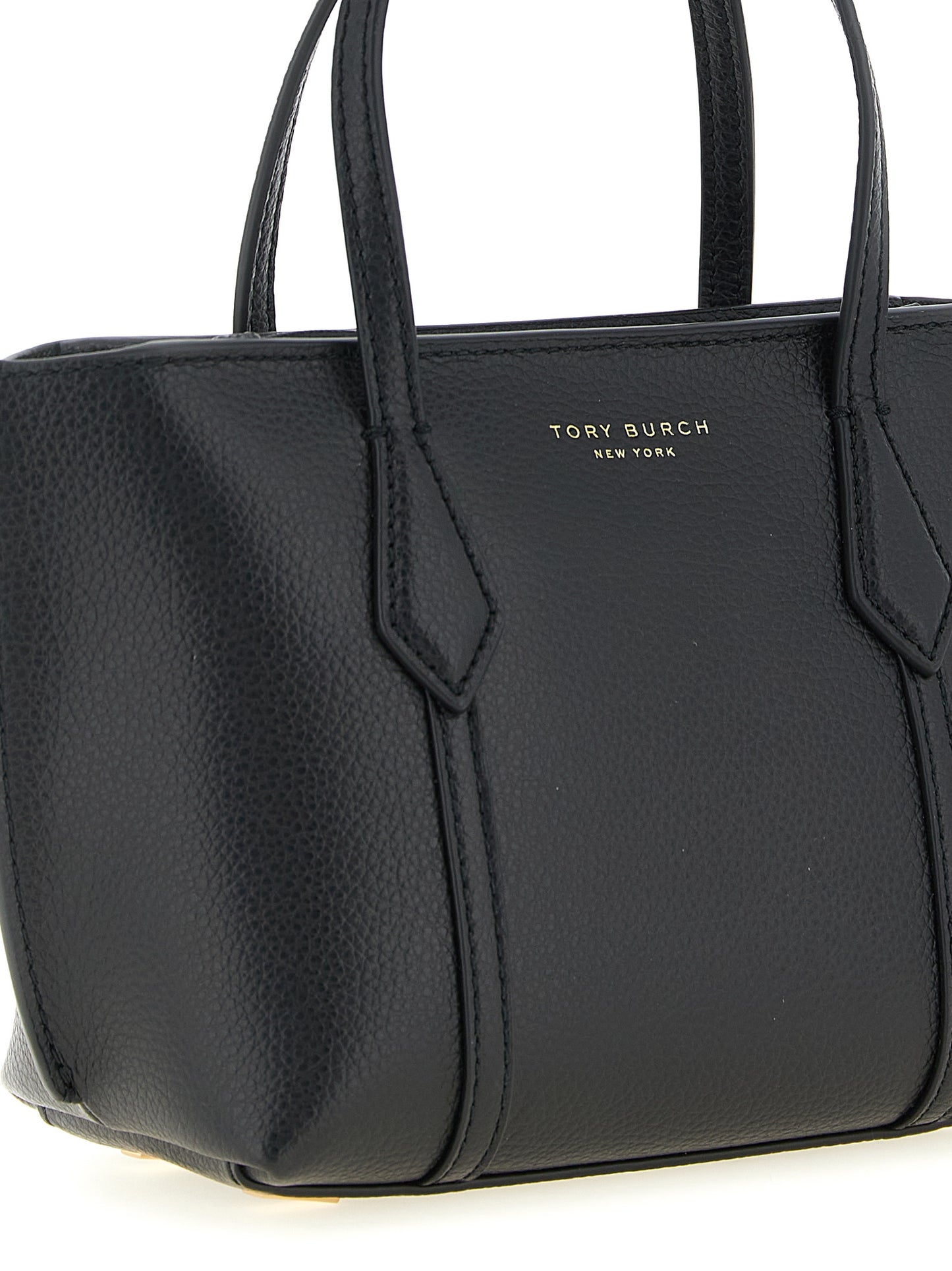 This Mini Crossbody Tote Handbag by Tory Burch for women in leather & metal and black & gold presents a sculptural silhouette featuring a secure zipper, ample , and versatile crossbody-strap, shoulder-strap, handle & adjustable-strap for a sculptural finish.
