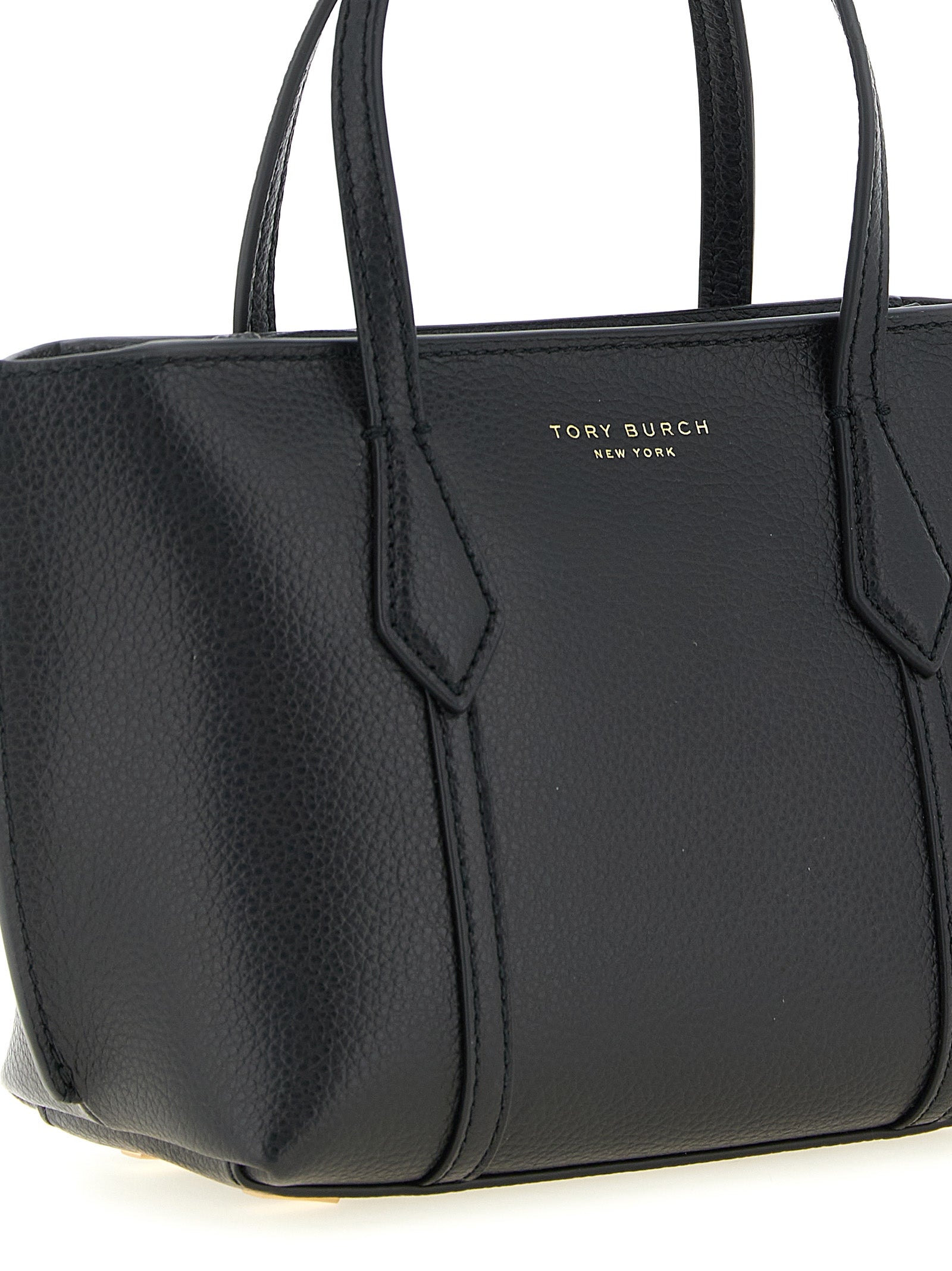 This Mini Crossbody Tote Handbag by Tory Burch for women in leather & metal and black & gold presents a sculptural silhouette featuring a secure zipper, ample , and versatile crossbody-strap, shoulder-strap, handle & adjustable-strap for a sculptural finish.