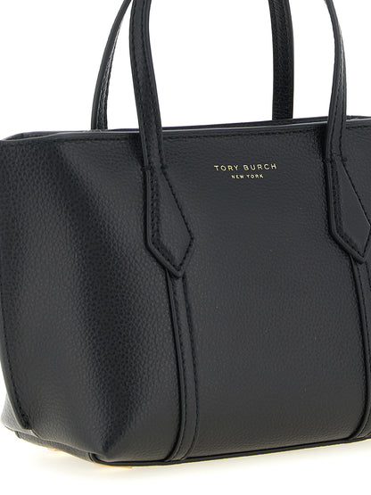 This Mini Crossbody Tote Handbag by Tory Burch for women in leather & metal and black & gold presents a sculptural silhouette featuring a secure zipper, ample , and versatile crossbody-strap, shoulder-strap, handle & adjustable-strap for a sculptural finish.