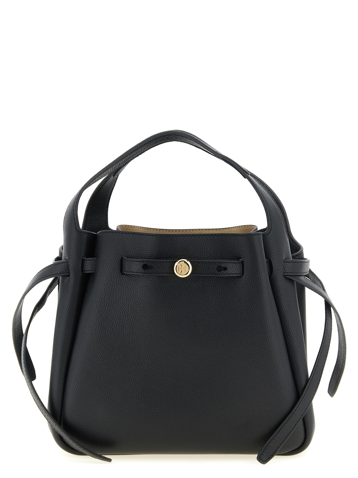 Small Handbag by Tory Burch for women in bos taurus suede calf leather black & signature features a exquisite silhouette, showcasing a secure magnetic and exquisite with versatile shoulder-strap, handle, adjustable-strap & belt-strap for a exquisite finish.