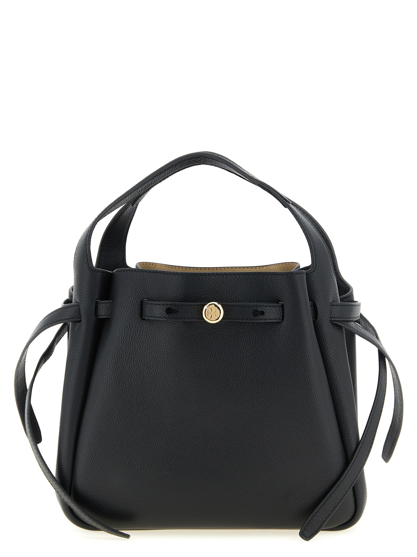 Small Handbag by Tory Burch for women in bos taurus suede calf leather black & signature features a exquisite silhouette, showcasing a secure magnetic and exquisite with versatile shoulder-strap, handle, adjustable-strap & belt-strap for a exquisite finish.