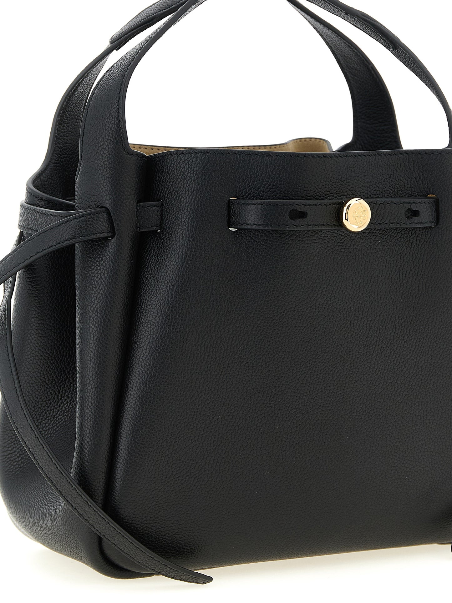 Small Handbag by Tory Burch for women in bos taurus suede calf leather black & signature features a refined silhouette, showcasing a secure magnetic, organized , and versatile shoulder-strap, handle, adjustable-strap & belt-strap for a refined finish.