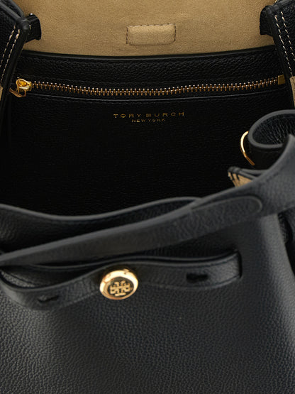 Small Handbag by Tory Burch for women in bos taurus suede calf leather black & signature features a signature silhouette, showcasing a secure magnetic and signature with versatile shoulder-strap, handle, adjustable-strap & belt-strap for a sophisticated look.