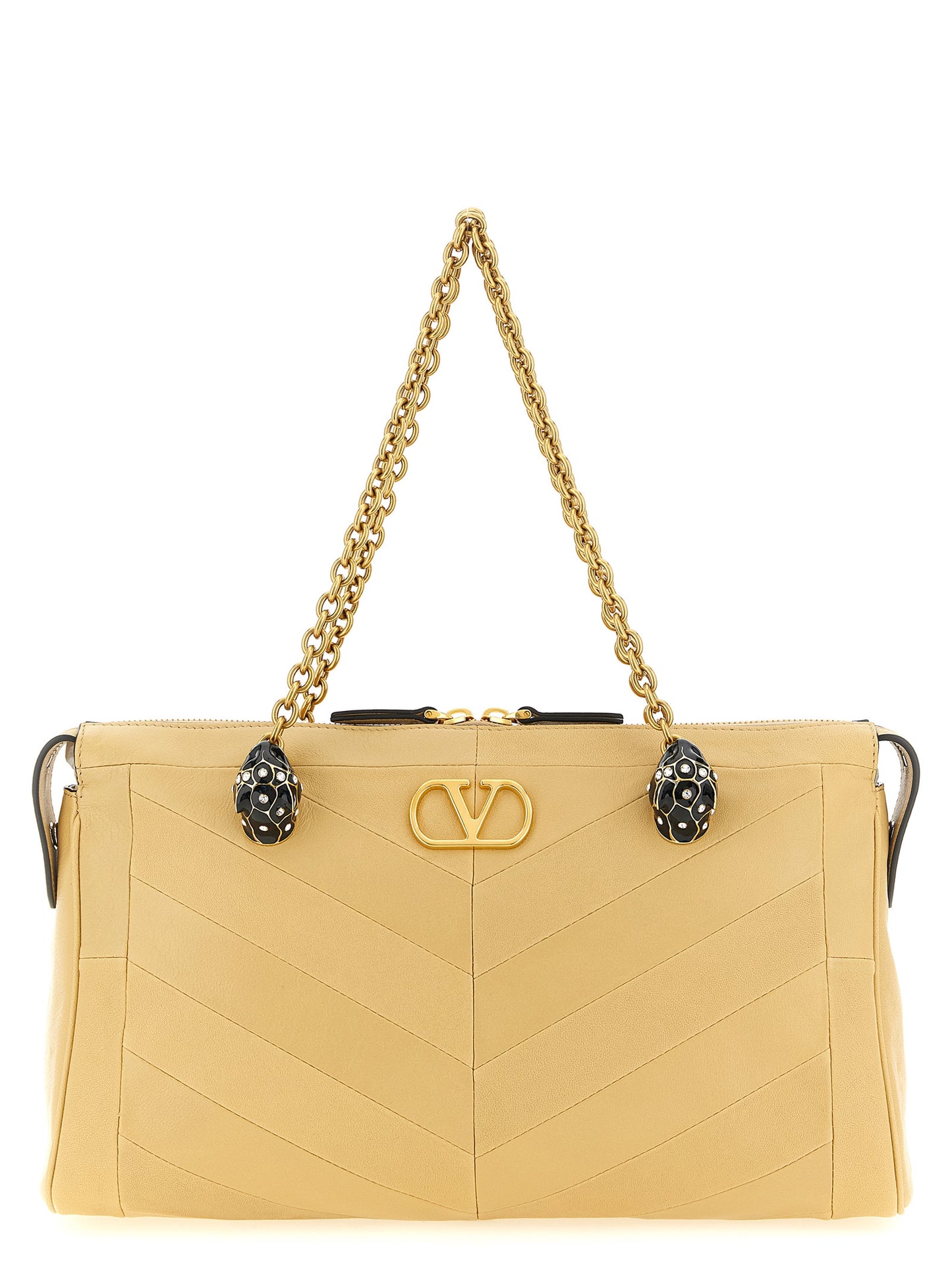 Valentino Garavani Panthea V Logo Exotic Leather & Crystal Shoulder Bag - Beige Patterned Chevron Signature Patchwork