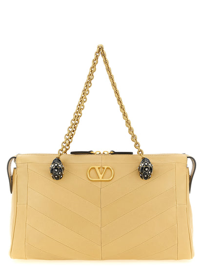 Valentino Garavani Panthea V Logo Exotic Leather & Crystal Shoulder Bag - Beige Patterned Chevron Signature Patchwork