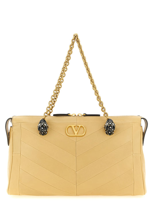 Valentino Garavani Panthea V Logo Exotic Leather & Crystal Shoulder Bag - Beige Patterned Chevron Signature Patchwork
