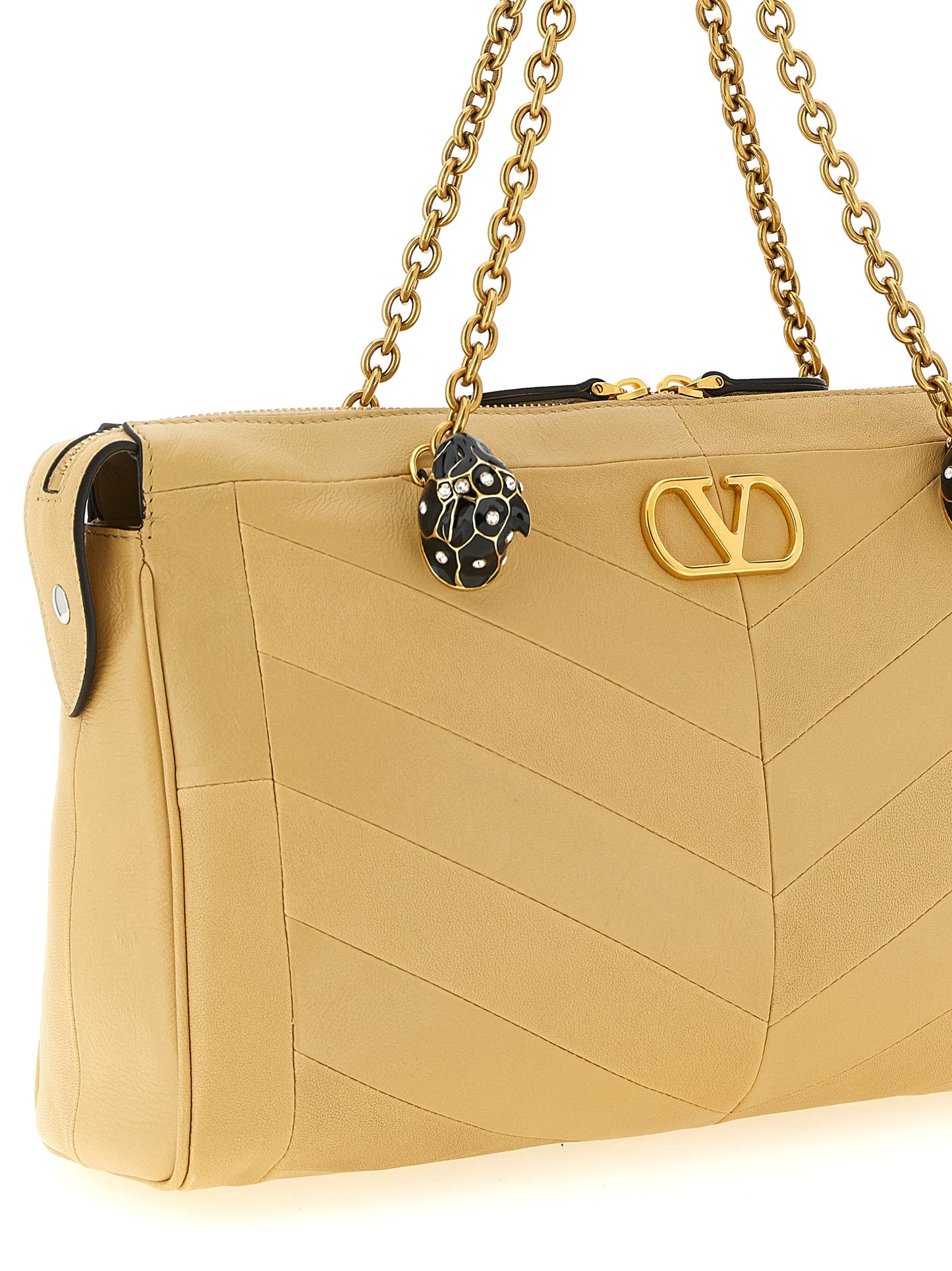 Valentino Garavani Panthea V Logo Exotic Leather & Crystal Shoulder Bag - Beige Patterned Chevron Signature Patchwork