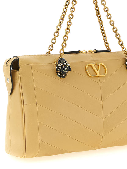 Valentino Garavani Panthea V Logo Exotic Leather & Crystal Shoulder Bag - Beige Patterned Chevron Signature Patchwork