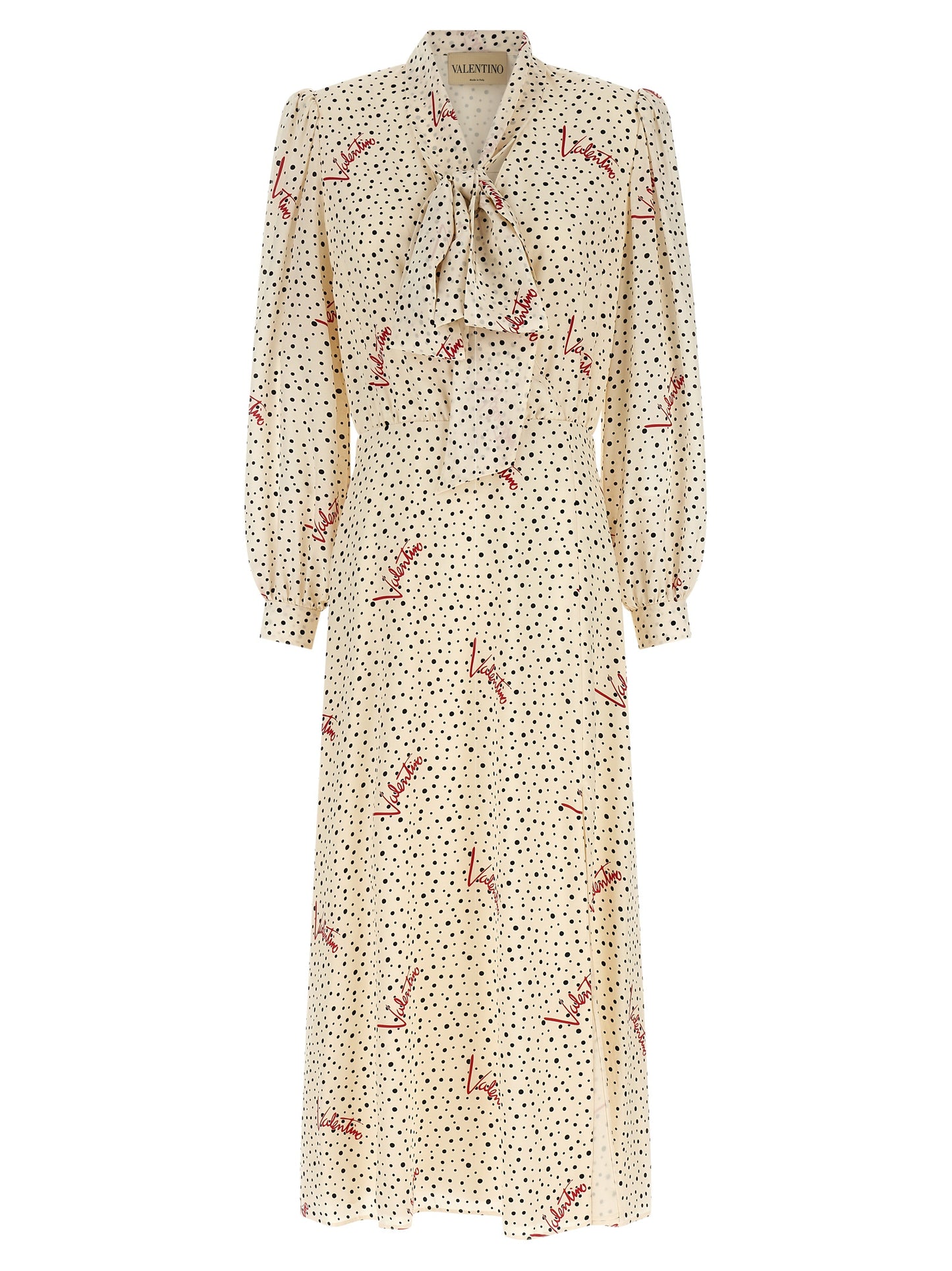 Dress by Valentino Garavani for women in silk black, ivory, multicolor, red, dots & print showcases a striking silhouette, elegantly detailed with a long-sleeve, refined lapel neckline, and a striking midi for a striking finish.