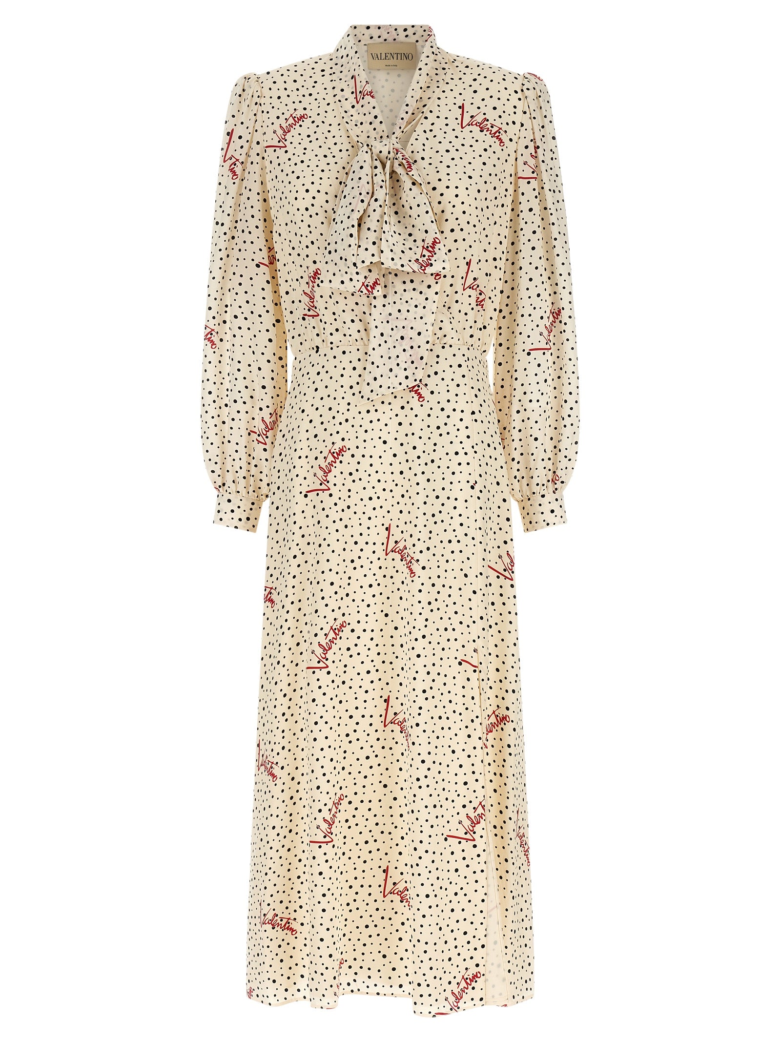 Dress by Valentino Garavani for women in silk black, ivory, multicolor, red, dots & print showcases a striking silhouette, elegantly detailed with a long-sleeve, refined lapel neckline, and a striking midi for a striking finish.