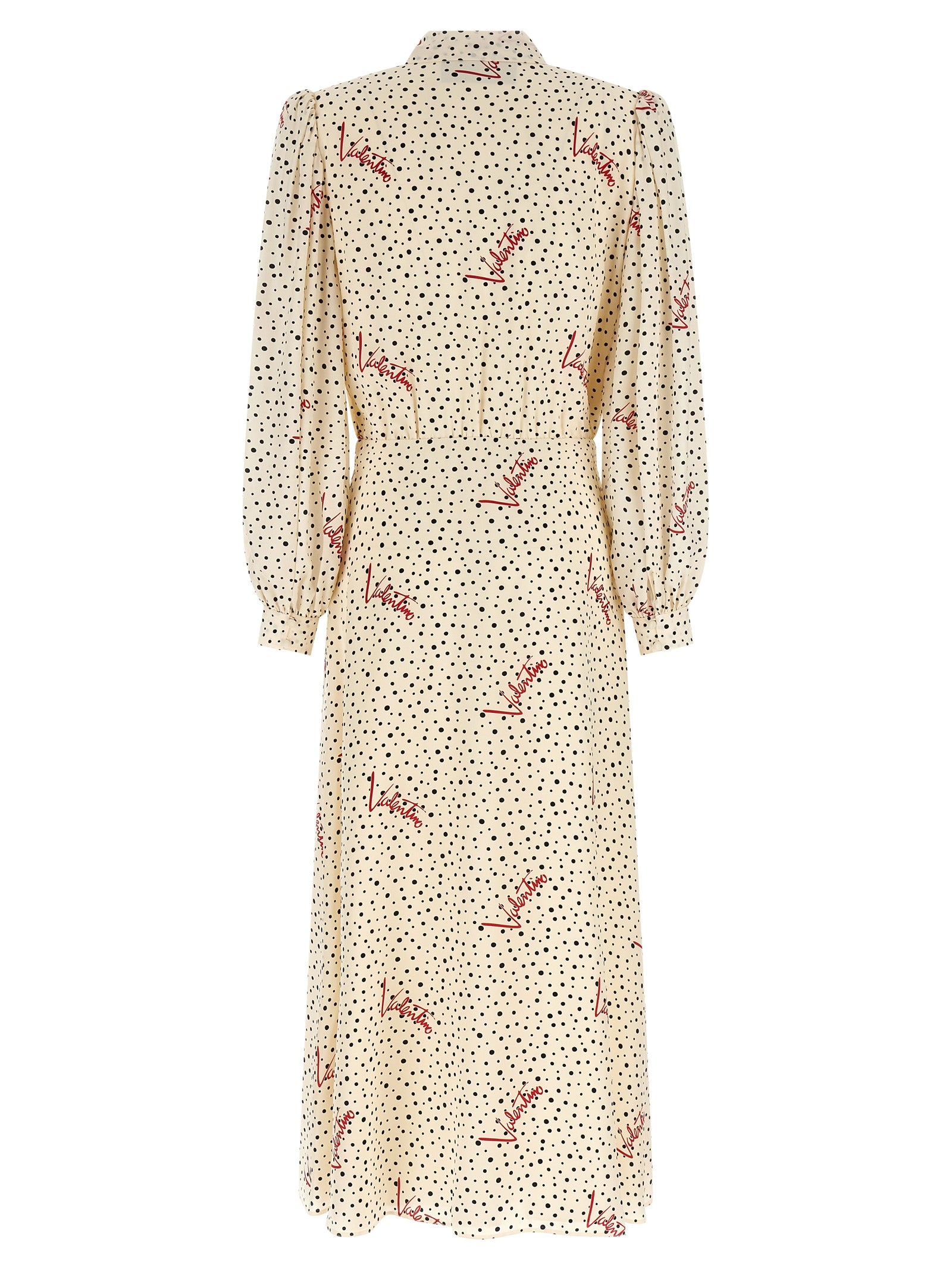 Dress by Valentino Garavani for women in silk black, ivory, multicolor, red, dots & print features an sultry silhouette defined by a lapel neckline and , falling to an sultry midi for a sultry look.