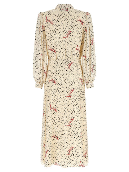 Dress by Valentino Garavani for women in silk black, ivory, multicolor, red, dots & print features an sultry silhouette defined by a lapel neckline and , falling to an sultry midi for a sultry look.